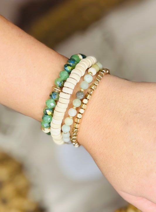 Bracelets Stack of 4 Piece Beaded with Green Semi Precious Stones Glass Wooden and Golden Beads